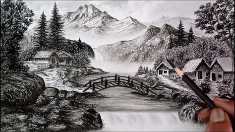 Pencil drawing landscape scenery step by step/ Charcoal pencil drawing ...