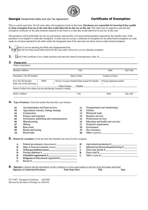 Fillable Form St 5 Sales And Use Tax Certificate Of Exemption Georgia ...