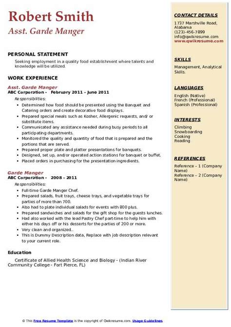 Garde Manger Resume Samples | QwikResume