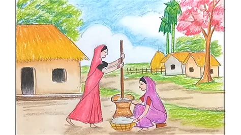 Easy Village Scenery Drawing For Kids With Oil Pastel Step By Step 111