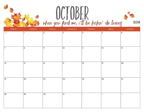 October 2018 Calendar Monthly PDF | October calendar printable, Free ...