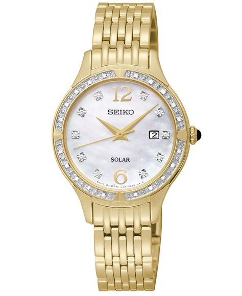 Seiko Watch, Women's Solar Diamond Accent Gold-Tone Stainless Steel ...