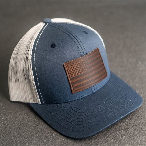 Leather Patch Trucker Style Hat - American Flag Stamp