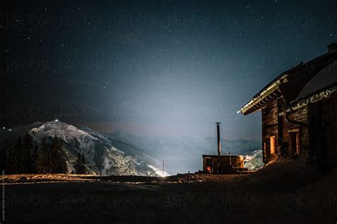 "Wooden Alpine Cabin With Jacuzzi In Snowcovered Mountain Landscape At ...