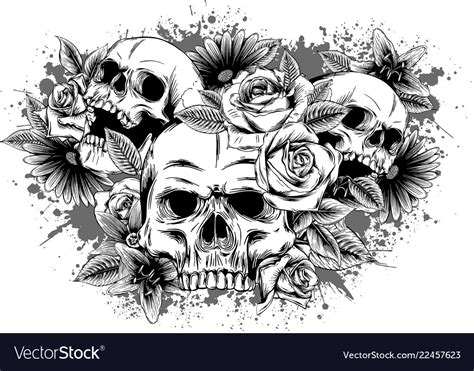 Skull with flowers roses drawing by hand Vector Image