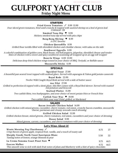 Menu at Gulfport Yacht Club, Gulfport