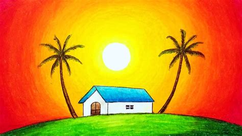 How to Draw Easy Scenery of Beautiful Sunset | Simple Nature Scenery ...