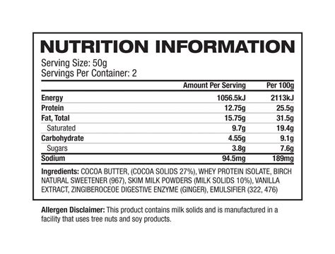 White Chocolate Bar Nutrition Label - Juleteagyd