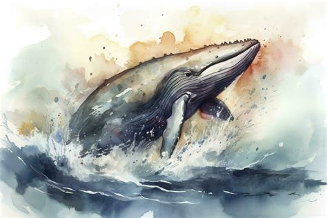 A whale breaching in a stormy ocean watercolor painting, beautiful ...