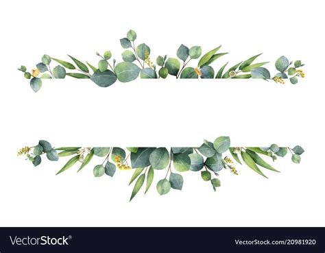 Watercolor vector hand painted green floral banner with silver dollar ...