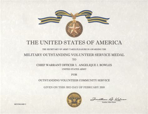 Outstanding Volunteer Service medal certificate