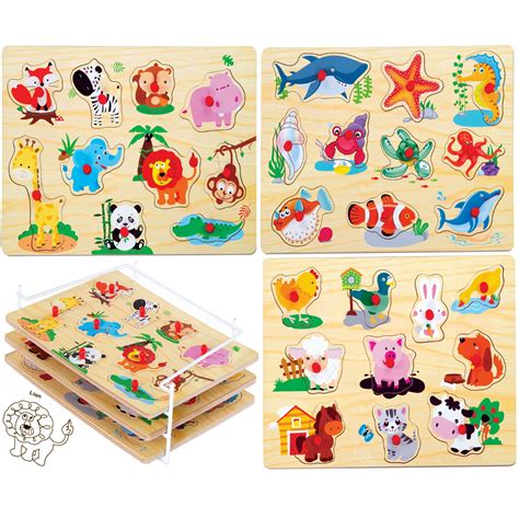 Bundaloo 3 Piece Puzzle Set with Wire Rack - Wooden Animal Puzzles for ...