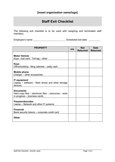 Staff Exit Checklist - The MHCC Policy Resource