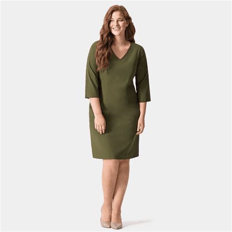 Army Green 3/4 sleeve v-neck Shift Dress $99 | Sumissura