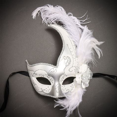 Masquerade Side Feather Glitter Venetian Costume Prom Mask-White in ...