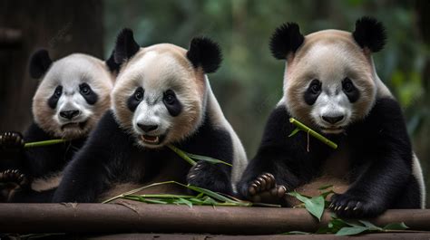 Three Pandas Sitting And Eating Bamboo Background, Picture Of Pandas ...