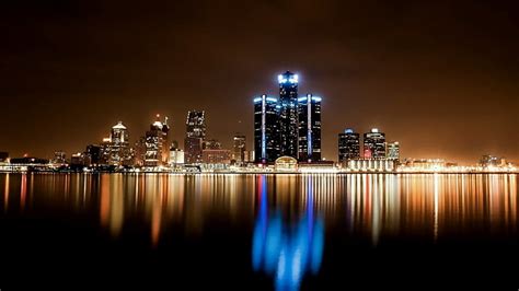 HD wallpaper: detroit, reflection, cityscape, city lights, night ...