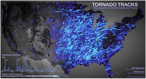 56 years of tornado tracks by F-scale [2670x1447] : MapPorn