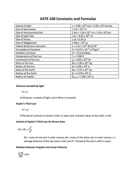 Introduction To Astronomy 100 Formula Sheet - ASTR 100 Constants and ...