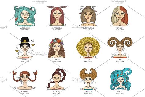 Zodiac Signs. Beautiful Girls Set | Pre-Designed Illustrator Graphics ...