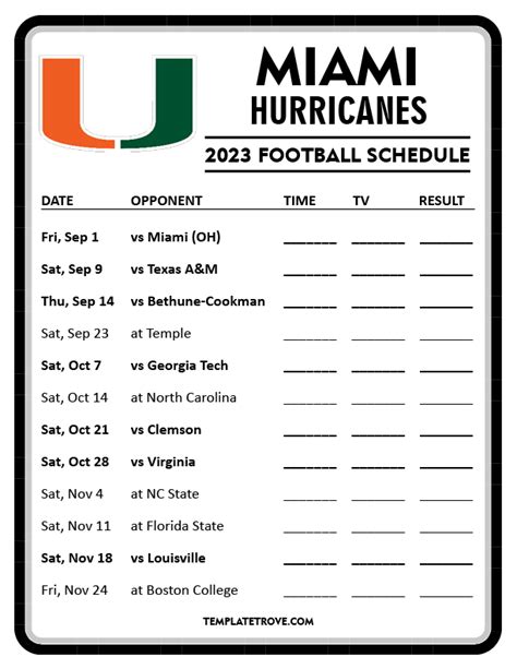 Printable 2023 Miami Hurricanes Football Schedule