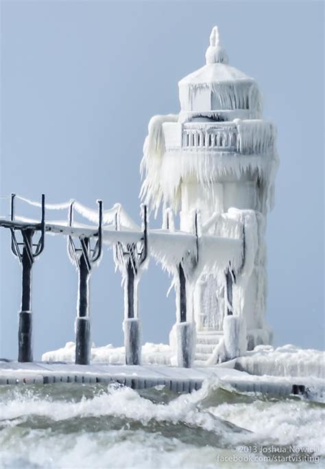 Ice covered north pier in St. Joseph, Michigan | Lake michigan ...