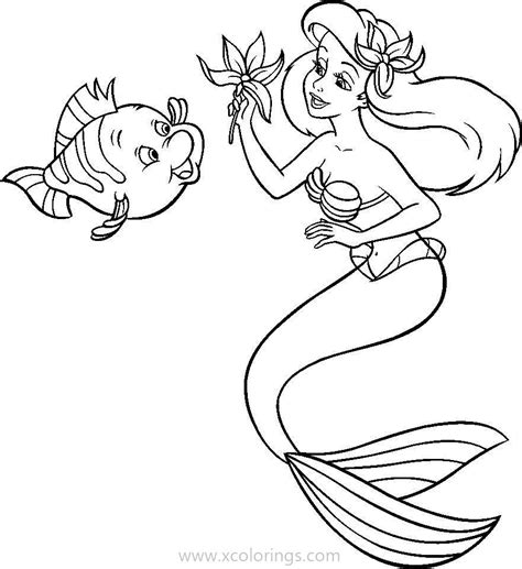 Flounder Bringing Flower to Ariel Coloring Pages - XColorings.com