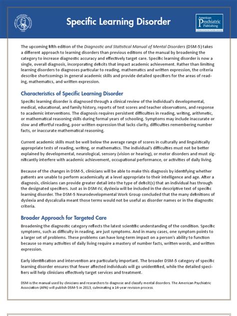 Dsm 5 Specific Learning Disorder Fact Sheet | Learning Disability | Dsm 5