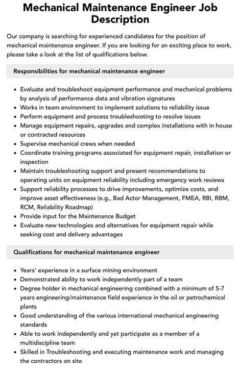 Mechanical Maintenance Engineer Job Description | Velvet Jobs