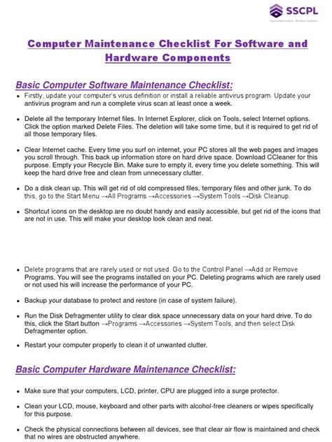 Computer Maintenance Checklist For Software and Hardware | PDF ...