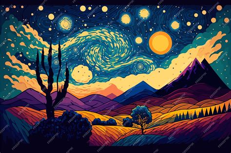 Premium Vector | A painting of a night landscape with mountains trees ...