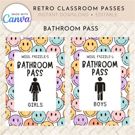 Retro Theme Classroom Bathroom/hall Passes for Teachers, Canva Editable ...