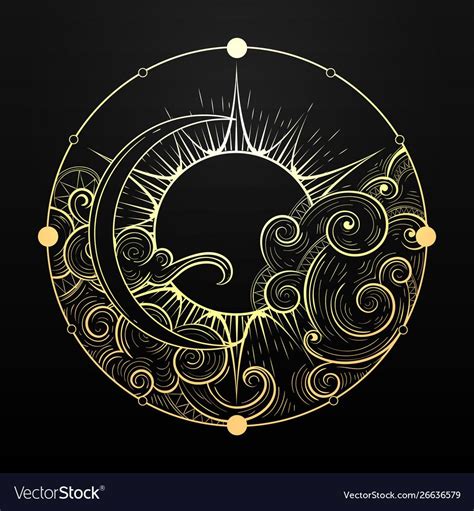 Hand drawn golden sun and moon with cloud Vector Image | Sun and moon ...