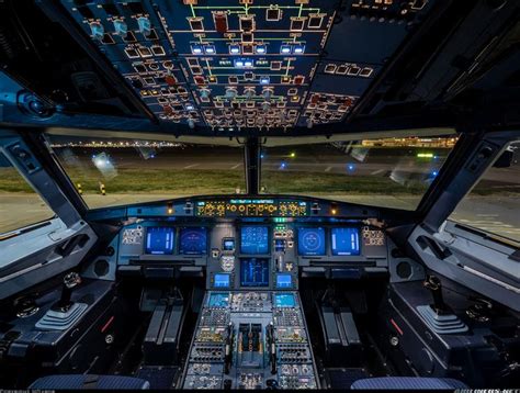 Spectacular night time shot of a Wizz Air Airbus A320 flight deck all ...