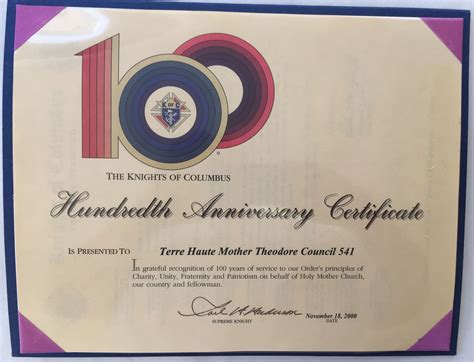 Hundredth-Anniversary-Certificate | The Knights of Columbus