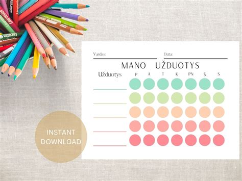 Printable Chore Chart in Lithuanian, Chore Chart Lietuviskai, Mano ...