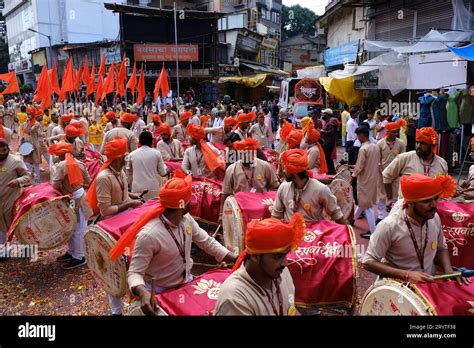 Pune, India - September 29, 2023, Ganesh immersion procession, Dhol ...