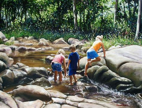 Amanda Russian: 'Children Playing in the Creek' - Figurative Oil Painting