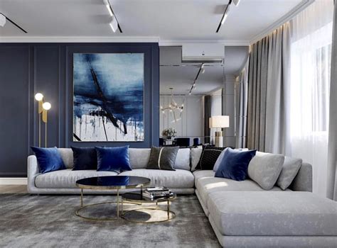 Gorgeous grey and blue living room decor with blue art and grey ...