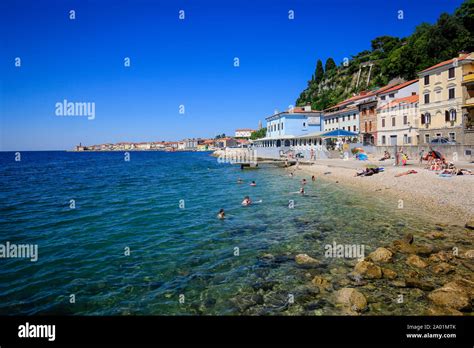 Piran, Istria, Slovenia - Beach life on the Fornace beach of the ...