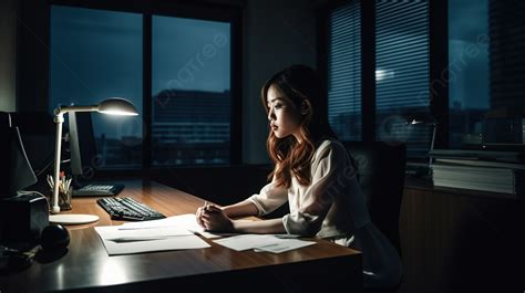 Woman Working In An Office At Night Background, Business Woman Office ...