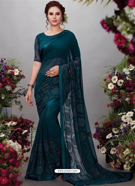 Teal Blue Georgette Designer Embroidered Party Wear Saree Chiffon Saree ...