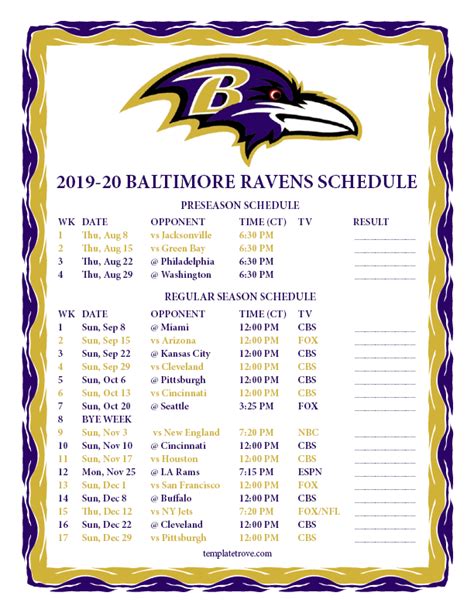 Printable 2019-2020 Baltimore Ravens Schedule