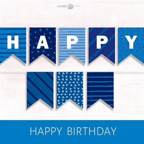 happy birthday banner with blue and white stripes