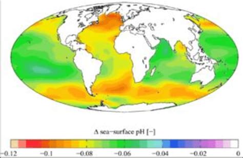 1: Global map showing the estimated change in seawater pH caused by ...