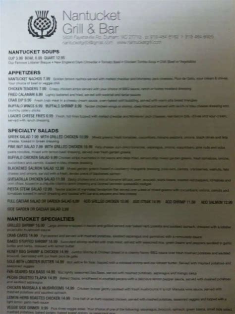 Menu at Nantucket Grill pub & bar, Durham, Fayetteville Rd #101