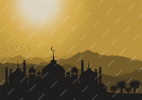 Premium Vector | Silhouette of a mosque in the sunset in the desert ...