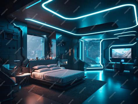 Premium Photo | Interior of a futuristic luxury bedroom with bed neon ...