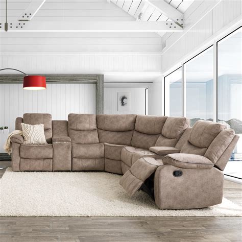 7pc Curved Modular Reclining Sofa Sectional with Storage Consoles, Fab ...