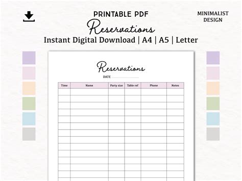 Reservations List Digital Download PDF Printable A4 A5 - Etsy UK in ...